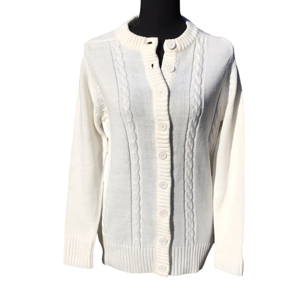 Vintage Nan Dorsey White Cable Knit Granny Cardigan Size Medium